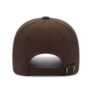 Dark brown cotton baseball cap back view with adjustable metal buckle and twill fabric texture