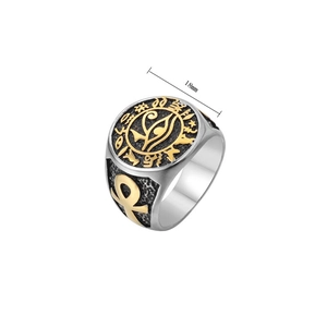 Detail of 18mm Horus Eye ring with Ankh cross relief in gold and silver steel finish