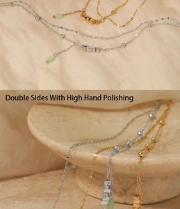Detail of double-layer stainless steel anklet with green beads and high hand polishing