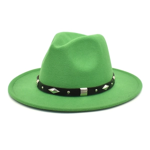Detail of bright green wool fedora with black decorative belt and silver metal studs
