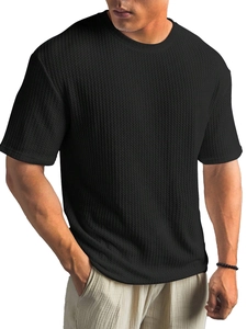 Schwarzes Herren-T-Shirt aus Waffelstrick mit lockerem Rundhalsausschnitt und Kurzarm
