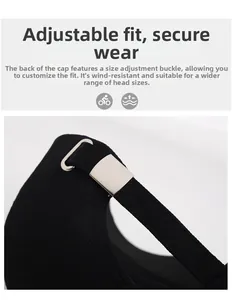 Detail of adjustable metal buckle and breathable black fabric on back of baseball cap