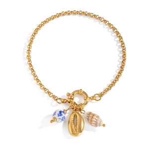 Golden ocean style bracelet with ceramic beads and natural seashell pendants