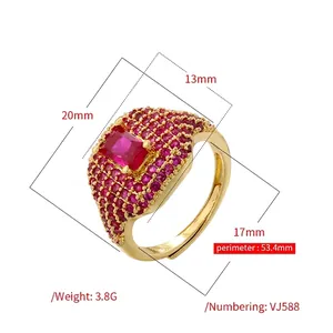 Luxurious gold-plated square ring with red crystals and adjustable open band design