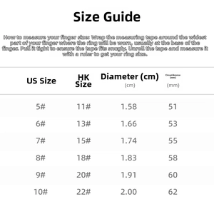 Size guide for S925 silver heart ring showing US/HK sizes and diameter measurements