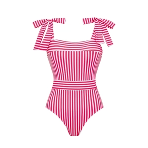 Detail of red and white striped one-piece swimsuit with bow shoulder straps