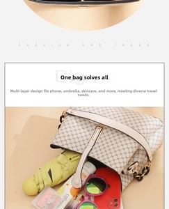 Detailed view of the beige patterned bucket bag interior showing spacious daily storage capacity