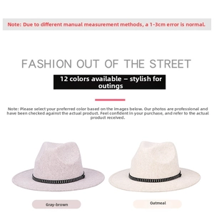 Detail view of taupe and oatmeal felt fedoras with studded decorative hat bands