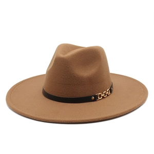 Classic brown wool felt wide brim fedora hat with black faux leather and gold chain band