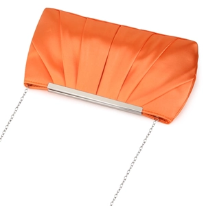 Detailed view of pleated orange satin evening bag with a silver metal frame and chain strap