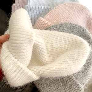 Thick double-layer angora rabbit fur winter beanie hat in multiple soft pastel colors