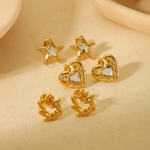 18K gold plated stainless steel stud set with zircon stars, hearts and wreath designs