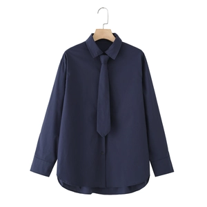 Detail of navy blue cotton poplin long sleeve shirt with matching skinny necktie