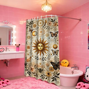 Retro mystical sun shower curtain with moths and celestial stars in a pink tiled bathroom