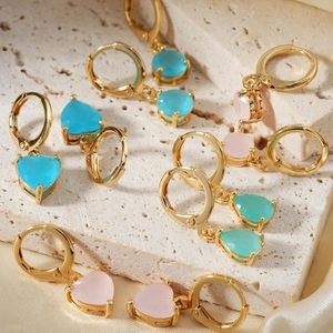 Vintage Copper Rhinestone Heart Water Drop Geometric Hoop Earrings For Women Luxury Elegant Colorful Stone Dangle Jewelry