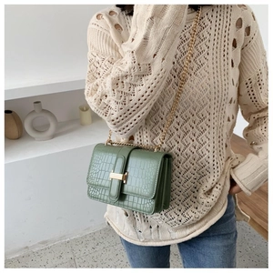 Close-up of green crocodile pattern bag with golden H buckle and chain strap