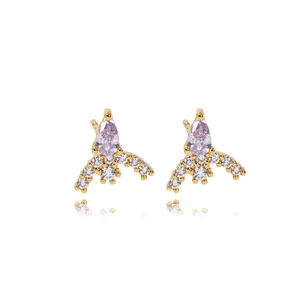 Elegant gold earrings with pear-cut purple zircon and fan-shaped crystal crown detail