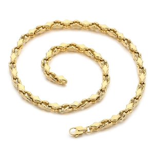 Polished gold stainless steel link necklace in a spiral layout on white background
