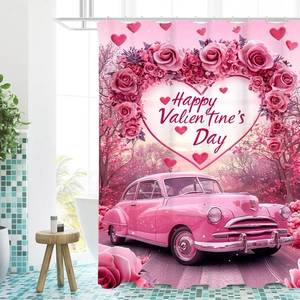 Rideau de douche en polyester avec voiture rose et couronne de fleurs pour la Saint-Valentin