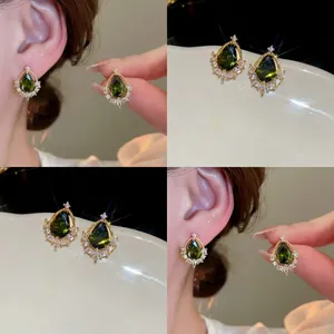 Vintage Wassertropfen Ohrringe 18K Vergoldetes Kupfer Grüner Zirkon Silberner Ohrstecker Eleganter Luxusschmuck Für Damen