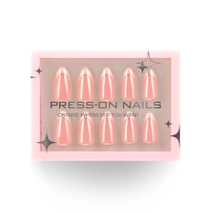 French tip pink almond press-on nails set in elegant window packaging box