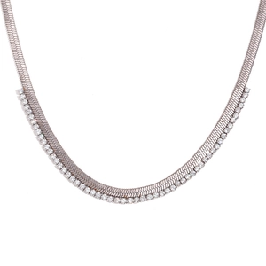 Silver fishbone snake chain necklace with micro-paved cubic zirconia accents