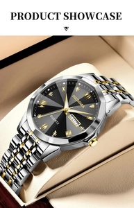 Macro detail of luxury men's watch with luminous gold-silver band and dual date display