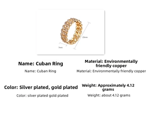 Detailed size parameters and macro view of 8mm golden zircon cuban chain ring for men