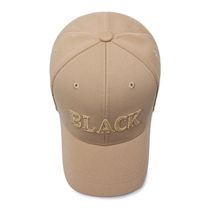 Khaki baseball cap with BLACK letter embroidery in a classic six-panel structured design