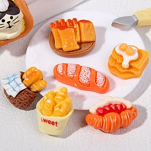 Miniature food resin charms featuring toast, croissants and waffles for DIY crafts