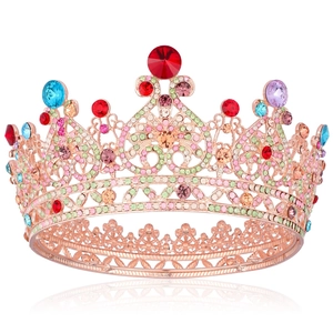 Luxury Baroque bridal crown with colorful crystals and rose gold alloy floral patterns