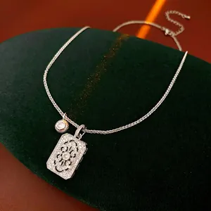 Elegant zircon hollow rectangular pendant necklace with silver link chain and round charm