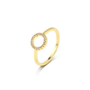 Fashion gold circular openwork ring with sparkling cubic zirconia stones on white background