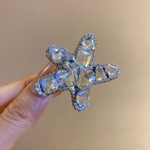 Macro shot of silver starfish hair clip with heart and rectangular multi-cut crystals
