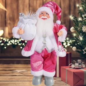 Detail of 12-inch Santa Claus doll in pink velvet suit holding gift bag and silver lamp
