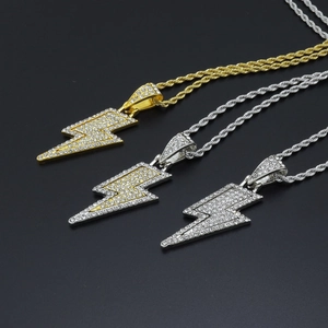 Hip hop lightning pendant necklaces with iced out crystals and twisted rope chain