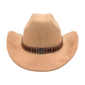 Detail of tan western cowboy hat with studded leather band and vintage gear metal logo
