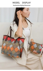 Patchwork tote bag set with vibrant leather patterns shown in a model lifestyle setting