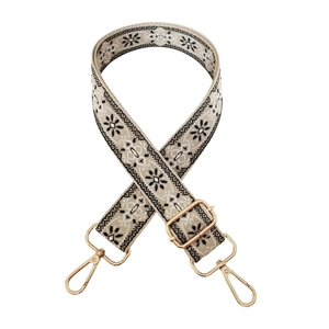 Ethnic style 3.8cm wide beige strap with geometric floral pattern and gold hooks