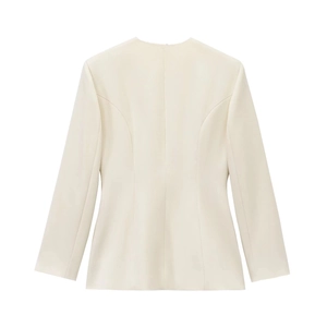 Back view of elegant cream blazer featuring a slim waist cut and minimalist formal design