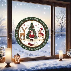 Gemütliche Fensterszene mit Weihnachtsmann und Rentier statischen Fensteraufklebern