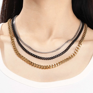 Three-layer stacked necklace set with silver, black, and gold stainless steel Cuban chains