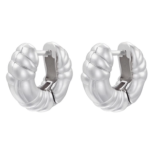 Détail des boucles d'oreilles créoles argentées torsadées de style croissant sur fond blanc