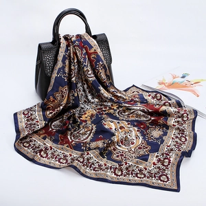 Detailed view of the 88cm silk-feel paisley square scarf, elegant floral neckerchief design.
