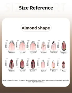 Almond shaped press-on nails size chart with 12 dimensions for zebra pattern sets