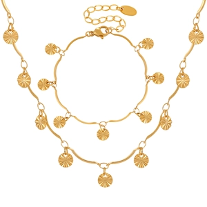 Golden titanium steel sunflower jewelry set with wavy chain necklace and bracelet