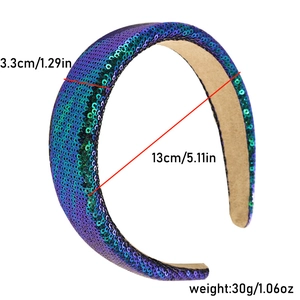 Detailed view of sparkly blue-green sequin headband with 3.3cm width and 13cm diameter