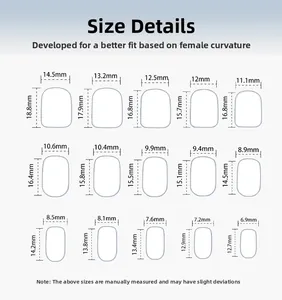 Detailed size chart showing 15 different dimensions for French tip press-on nails
