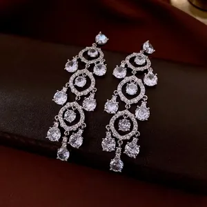 Luxury court style silver post drop earrings with shimmering zircon fringe tassels