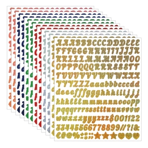 Close-up of glitter alphabet and number stickers in multiple colors including gold and silver